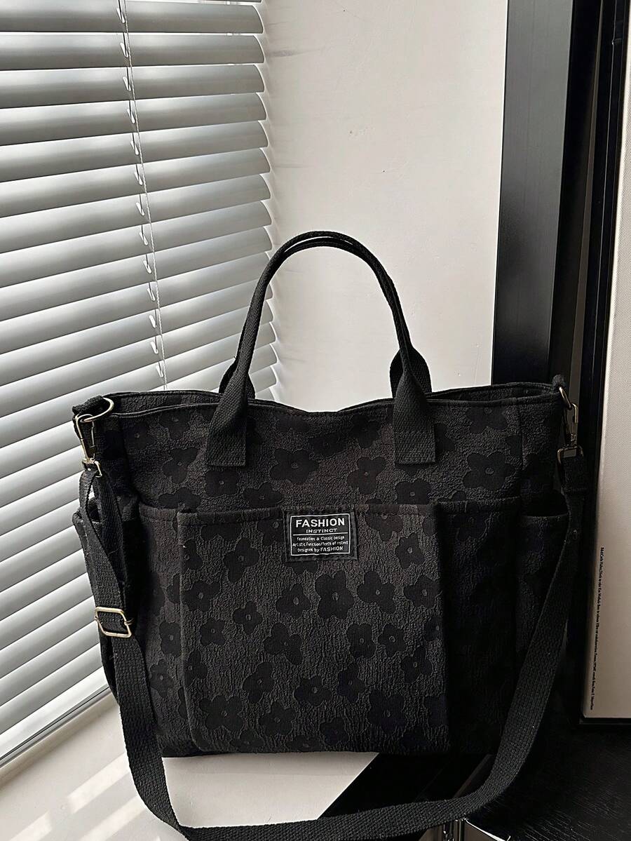 1 chiếc túi tote thời trang bằng polyester họa tiết hoa, dung tích lớn, có khóa kéo, thích hợp sử dụng hàng ngày vào mùa thu/đông. - màu đen - Xem 1