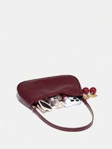 Novachic, Women's Fall Outfits, Floral Patterned Fabric, Cute Pendant Decor, Cherry Pendant, Women's Minimalist Shoulder Bag, Zipper Closure, Retro Style, Underarm Bag, Suitable For Multiple Occasions, Small Bags - 酒紅色 - 查看 5