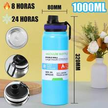 800ml/1000ml Stainless Steel Thermal Bottle For Hot And Cold Drinks With Sporty Handle - Màu xanh nhạt - Xem 7