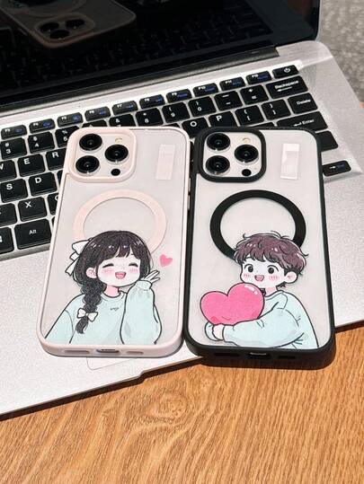 2pcs Black Acrylic Magnetic Cartoon Boy & Girl Heart Pattern Phone Case Compatible With IPhone 17 Pro Max/17 Pro/17/16 Pro Max/16 Pro/16/15 Pro Max/15 Pro/15 Plus/15/14 Pro Max/14 Pro/14 Plus/14/13 Pro Max/13 Pro/13/12 Pro/12/11/11 Pro Max/11 Pro XS XR X 7 8, Galaxy S25/A14/A15/A35/A55/S22/S23/S24 FE/S25/S24 Ultra, Couples Soft Full Coverage Phone Protective Cover, Suitable As Birthday Gift For Girlfriend, Boyfriend Or Self-Use