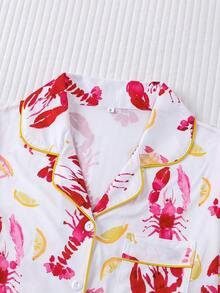 两件套白色底色可爱红色龙虾、贝壳、橙色印花女士睡衣套装，舒适短袖翻领纽扣衬衫搭配宽松弹力短裤，时尚百搭，适合户外、四季穿着及居家穿着。 - 白色 - 查看 3