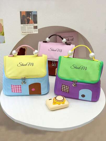 Cute Cartoon House Shaped Makeup Bag, Dopamine Series Multi-Functional Bag, Large Capacity Portable Storage Pouch, Travel Storage Bag, Thoughtful Souvenir, Fresh Cosmetic Bag, Built-In Checkerboard Storage Bag, Canvas Cosmetic Organizer, Handbag,Student Essential, Holiday Gift