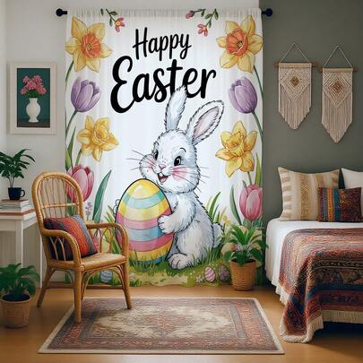 1 Stück 2D Flachdruck, süßes Kaninchen & Osterei Dekor Muster, Kanalband Design, Polyestermaterial, transparenter Vorhang für Mietwohnung, Wohnzimmer, Küche, Schlafzimmer, abnehmbarer & waschbarer dekorativer Fenstervorhang, kleiner Fenstervorhang