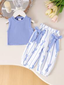 2pcs/Set Toddler Girls Casual Comfortable Tank Top + Pants Set, Lightweight Summer Outfit - Blue - View 1