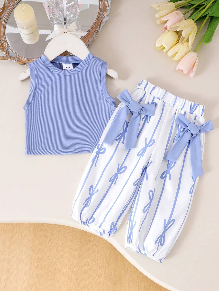 2pcs/Set Toddler Girls Casual Comfortable Tank Top + Pants Set, Lightweight Summer Outfit - Blue - View 1
