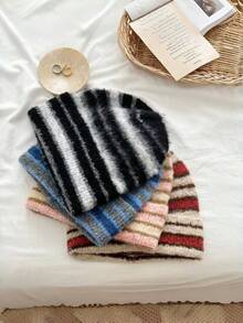 1 pieza Gorro de punto a rayas retro, orejera de invierno para mujer, gorro de punto cálido, gorro de cuello de parchwork a rayas unisex, protección de oídos cálida - Multicolor - Ver 2