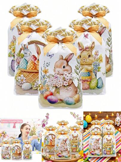 10个装复活节礼品袋，糖果袋，复活节派对小礼物，兔子造型塑料抽绳糖果袋，礼品包装袋，适用于复活节派对用品、春季复活节装饰，卡通兔子蛋形包装袋