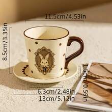 优雅复古兔子图案陶瓷早餐杯碟套装 - 波点饰边和精美边框，釉面工艺饮具，适用于日常居家使用、早餐、聚会和婚礼 - 彩色 - 查看 2