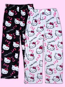 2pcs Official Sanrio Flannel Pajamas, Cute Hello Kitty Ladies' Casual Lounge Pants, Pink Cartoon KT Print, Fashionable Sleepwear For Autumn - Multicolor - View 7
