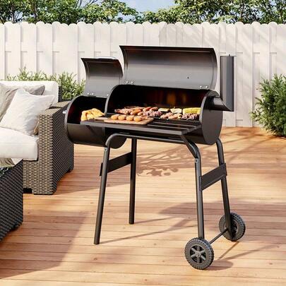 Outdoor BBQ Grills Black Charcoal Grills, Portable Grills, Height Adjustable Deluxe Enamel Charcoal Trays And Thermometers For Parties, Camping, Terraces, Gardens