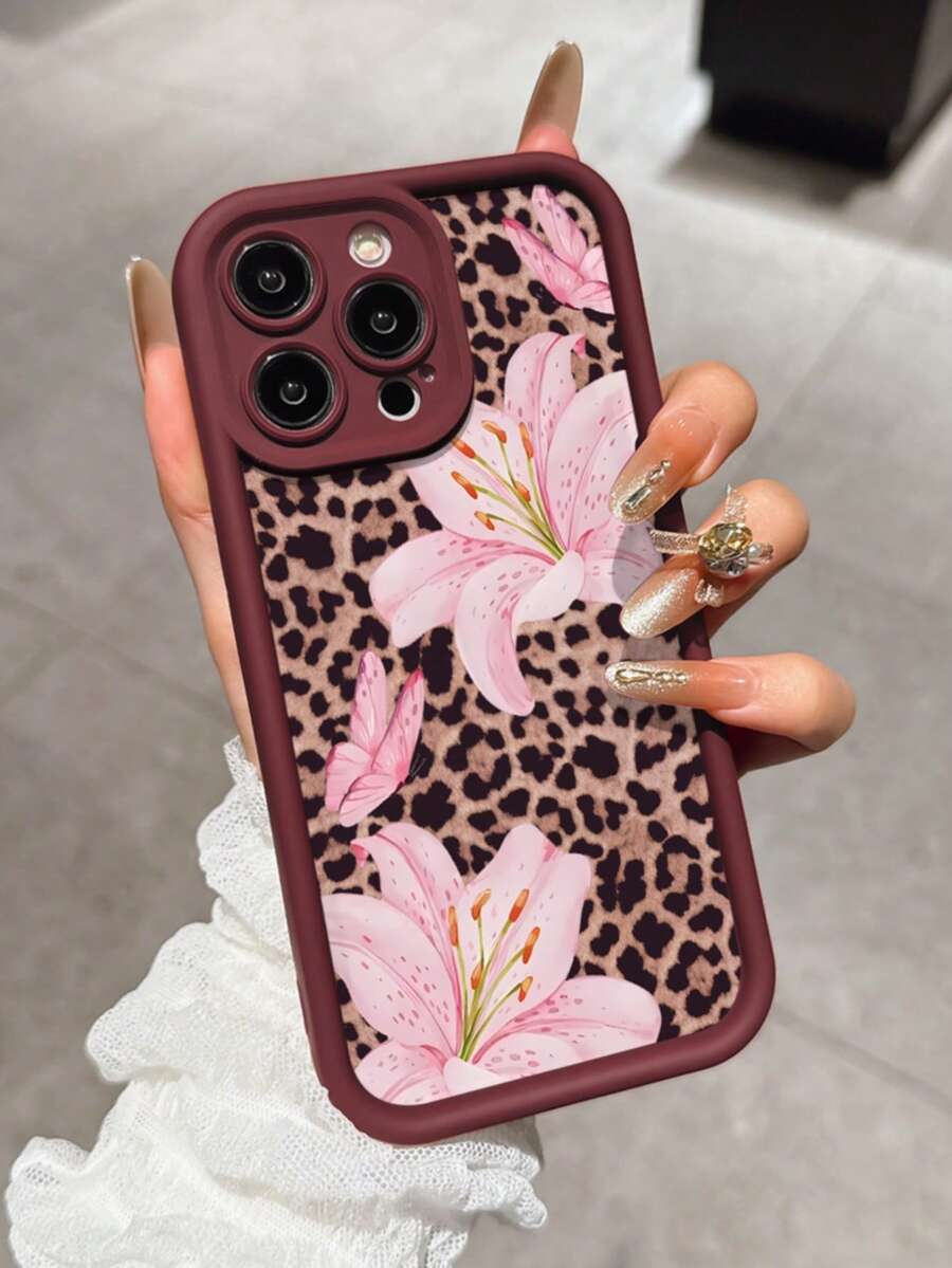 Ốp lưng điện thoại chống rơi, màu đỏ rượu vang ngọt ngào họa tiết hoa ly quyến rũ, in hình da báo, tương thích với iPhone 11 12 13 14 15 16 13 Pro Max 16 Plus XR 7 8 Plus 17 Pro Max AIR - Màu Đỏ Sâu - Xem 1