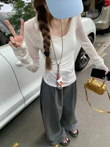 V领透视罩衫T恤，性感简约风格，春季款 - 白色 - 查看 3