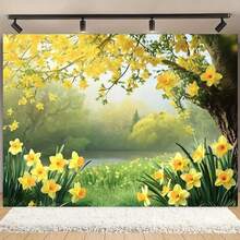 Pancarta de fondo con flores de narciso de primavera, material de poliéster, multiusos, sin necesidad de electricidad, adecuada para bodas, cumpleaños, fiestas de boda, Navidad, Halloween, Pascua, decoración de Acción de Gracias