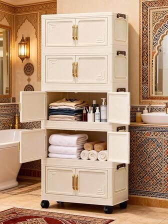 1pc 50cm/19.69in Wide Folding Storage Cabinet, Clothes Closet Storage Box, Portable Wardrobe, Double Door Folding Box, 1-6 Layers Optional, Thickened Double Door With Wheels Storage Cabinet, Home Use No-Assembly Storage Rack, Organize Clothes & Toys Plastic Folding Storage Cabinet