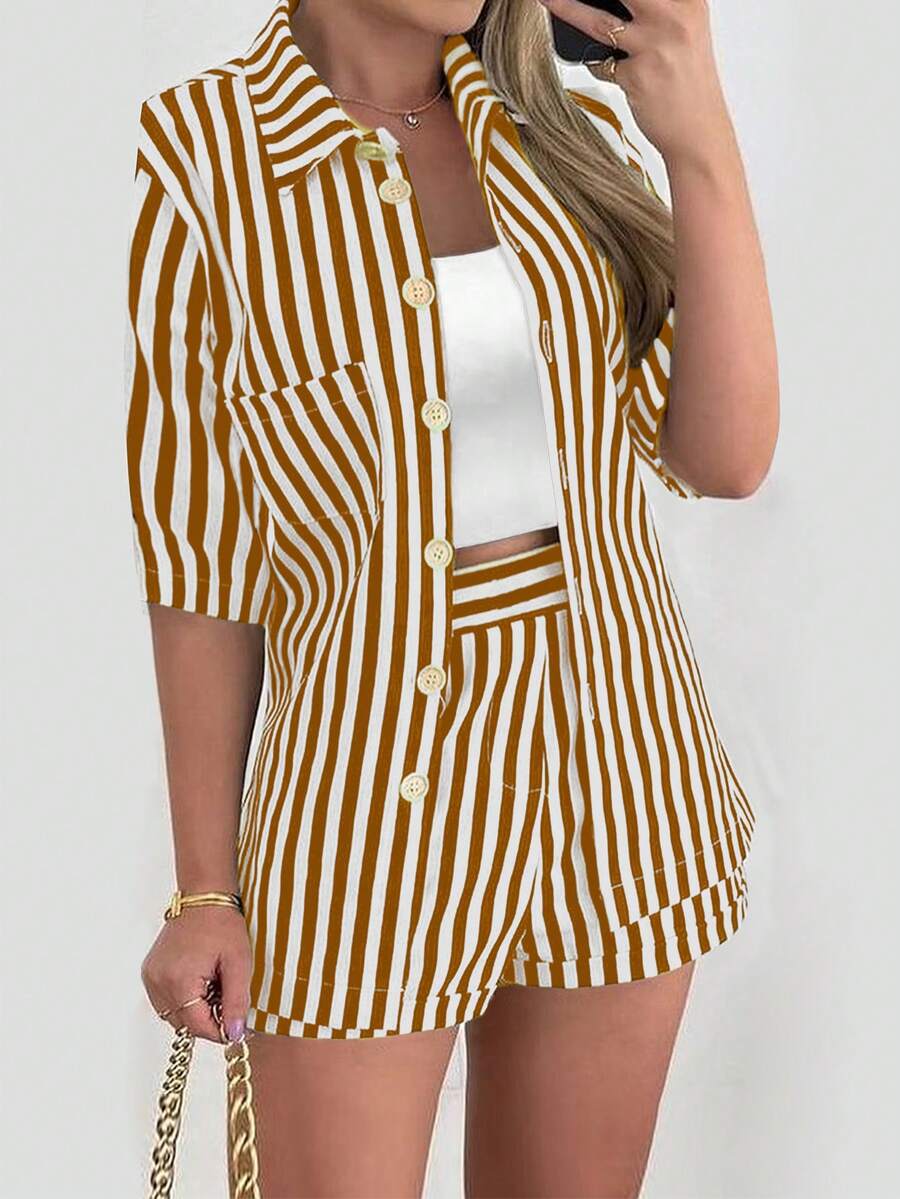 Vaiaye 女士休闲条纹衬衫短裤两件套，短袖上衣搭配短裤，适合日常穿着，优雅女士套装