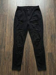 Women's High Waisted Multi-Ripped Skinny Jeans - Heavily Distressed Solid Black Bodycon Denim Pants Aesthetic Streetwear - 黑色 - 查看 5