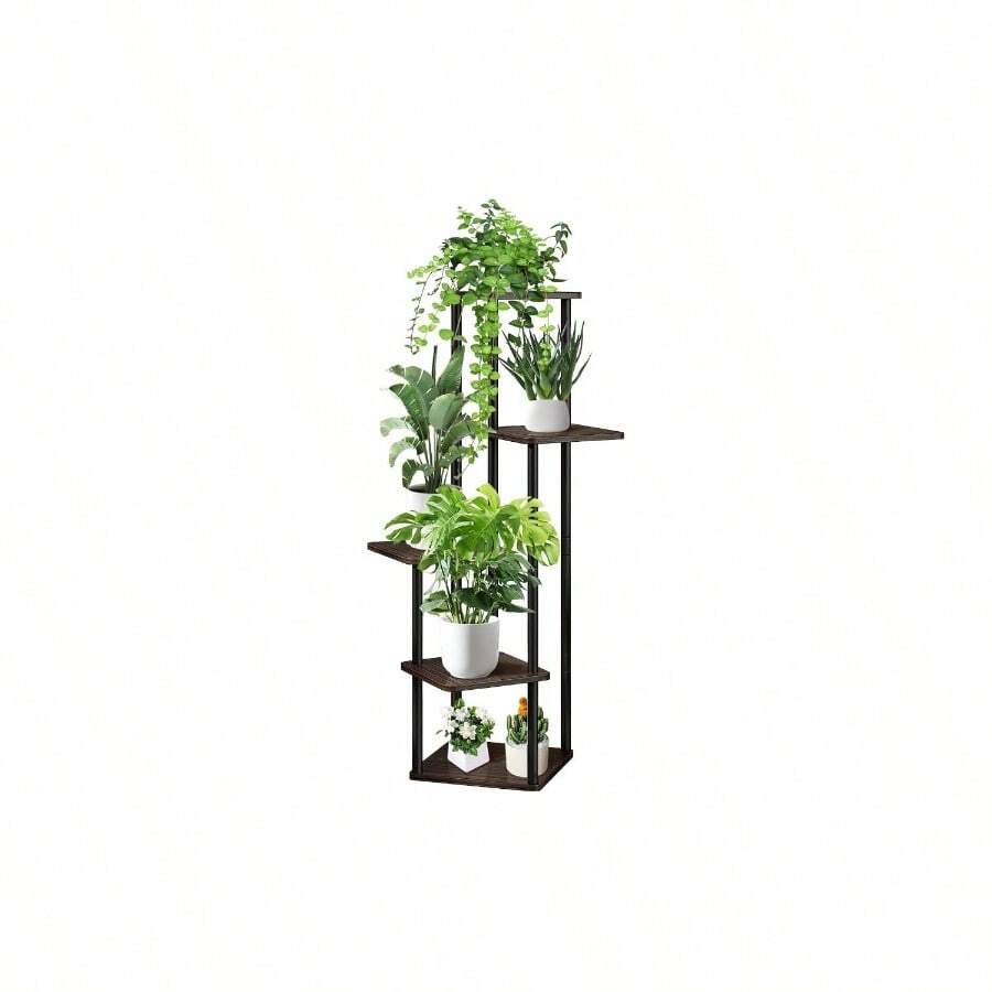 6 Tier Wood Tall Plant Stand Metal Rack Indoor, Multiple Flower Pot Holder Shelves Corner Rack, Planter Shelf Display Rack Storage Organizer Patio Living Room Balcony GardenWhite Oak - 5 Tier, Black Oak - View 1