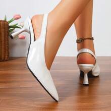 Giày sandal cao gót mũi nhọn mùa hè mới dành cho nữ - Giày lười hở mũi bằng da bóng màu trắng, có quai chun. - trắng - Xem 4