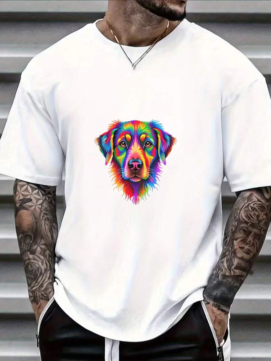 Black Cotton T-Shirt With Colorful Dog Pattern And Style - White - View 1