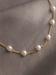 1pc Fashionable Minimalist Faux Pearl Bracelet, Suitable For Girls Everyday Casual Wear (Pearl Quantity And Placement Random) - Gold - View 4
