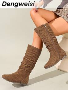 DENGWEISI Camel Pleated Polka Dot Print Random Asymmetric Side Zipper Flat Round Toe Comfortable Versatile Office Commute Daily Casual Mid-Calf Boots, Suitable For All Seasons - Camel - View 2