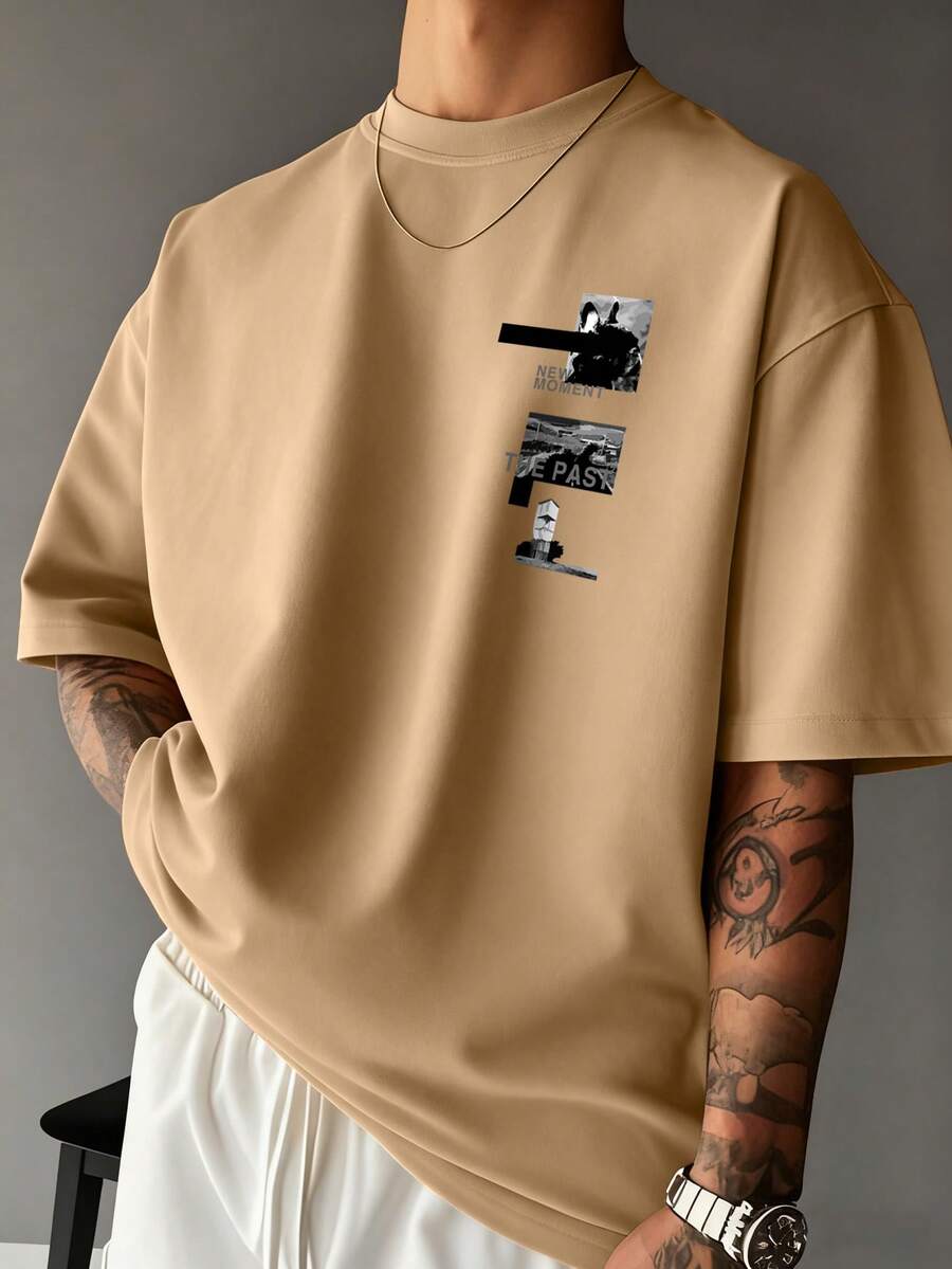 Camiseta casual de manga corta con cuello redondo y estampado de lema y personaje de dibujos animados para hombres - Marrón - Ver 1