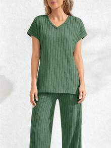两件套休闲竖条纹V领短袖家居服套装 - 綠色 - 查看 2