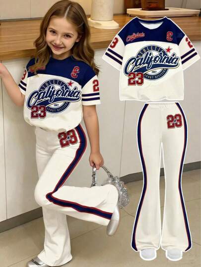 两件套休闲宽松圆领落肩短袖T恤套装，适合青少年女孩，复古美式学院风，运动感十足的23号印花，适合春夏穿着，展现嬉皮风、音乐节、街头潮流、复古甜美风、校园风、都市漫步等风格。