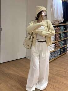 1 pieza Cárdigan de punto de unicolor con botones delanteros acanalados, para oficina & uso casual, primavera/verano, amarillo otoño - amarillo claro - Ver 2