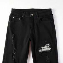Vaqueros Masculinos Slim Tapered con Rotos y Parches, Denim Premium de Estilo High-Street, Acabado Envejecido y Comodidad Casual para el Día a Día - Negro - Ver 3