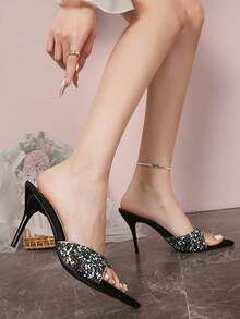 2026 Summer New European And American Pointed Toe Thin High Heel Sandals, Fashion Sexy Crystal Strap Slides For Women - Black - View 2