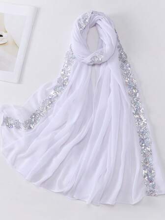 1 buc Eșarfă Hijab Elegant cu Paiete Florale Decorate pentru Femei Musulmane pentru Rochie Abaya, Nuntă, Căsătorie și Accesorii de Mireasă