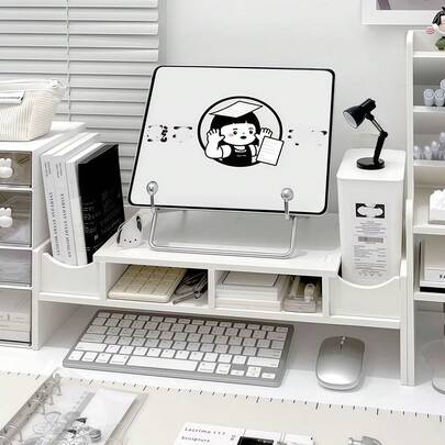 1个白色多功能电脑显示器增高支架，桌面收纳抽屉式储物架，办公桌面显示器支架