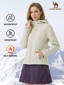 CAMEL CROWN 女士户外抓绒外套，保暖，修身，显瘦，适合徒步旅行和户外活动，时尚立领带抓绒内衬，运动服 - 輕霜白 - 查看 1