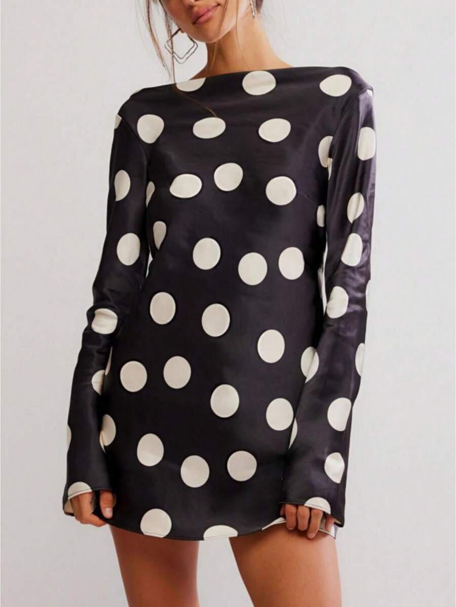 Polka Dots Short Dress For Women Long Sleeve Boat Neck Cowl Back A-Line Ruffle Hem Casaul Elegant Mini Dress - màu đen - Xem 1
