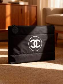 CHANEL Black & White Classic Logo Makeup Bag, Feather Cotton Material, Travel Organizer