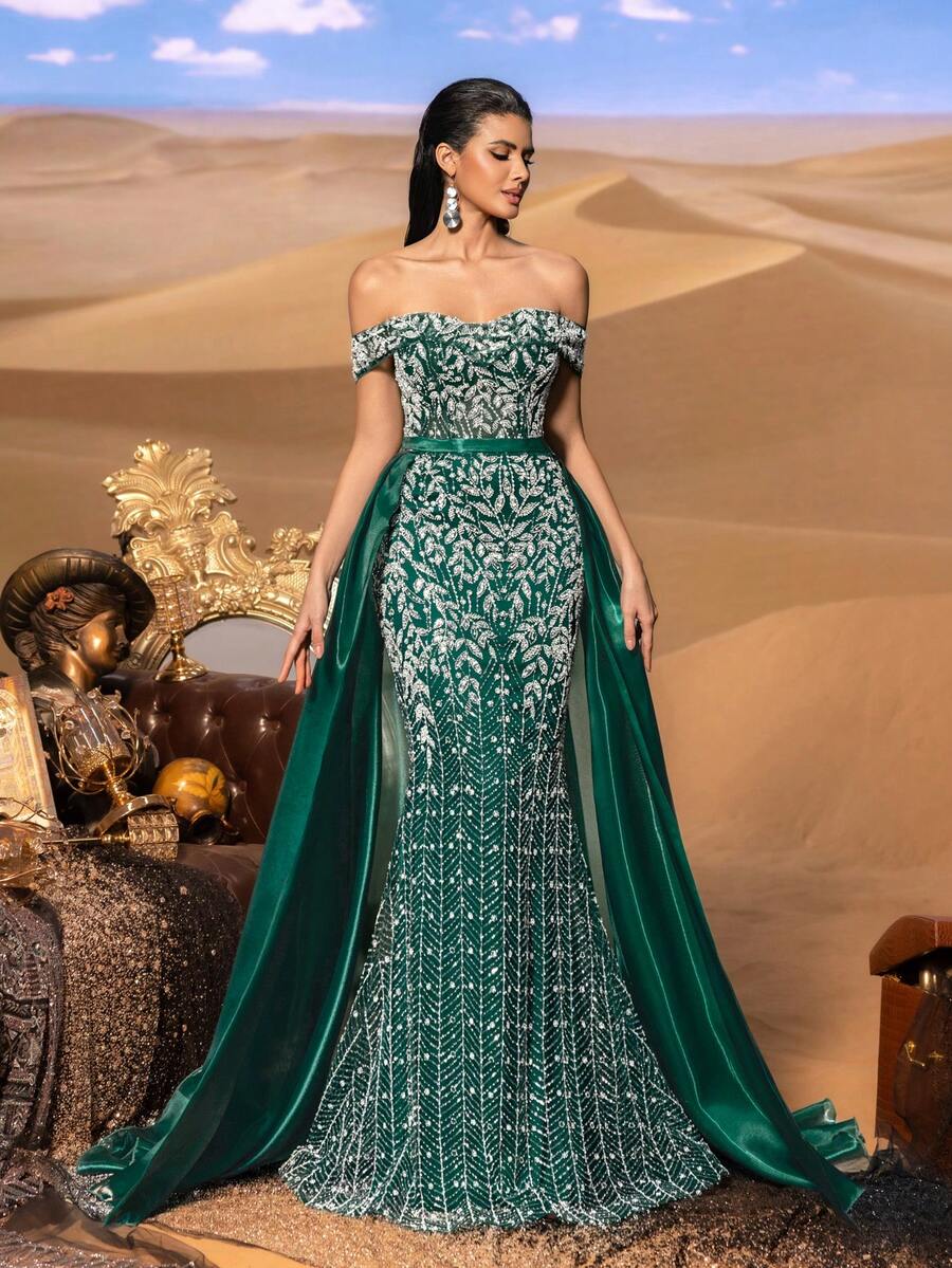 Faeriesty Vestido de sirena con hombros descubiertos y cuentas para mujer, con bordado de lentejuelas plateadas intrincado, cintura acentuada con cinturón ancho y diseño de abertura alta, adecuado para eventos de gala, cenas formales, bodas de lujo en la playa y ocasiones de alfombra roja. - Verde Oscuro - Ver 1