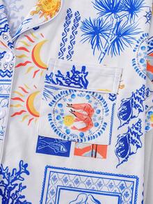 2件套白色底，饰有太阳、月亮、贝壳、水果、虾图案和条纹海马印花的女士睡衣套装，舒适的短袖翻领纽扣衬衫和松紧腰短裤，时尚百搭，适合户外、室内和四季穿着。 - 白色 - 查看 5