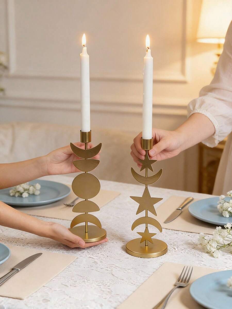 Suport de lumânări cu decor de lună și stele, potrivit pentru lumânări conice, material metalic, stil minimalist, design creativ, poate fi folosit ca recuzită pentru cină la lumina lumânărilor, decor pentru casă, aplicabil pentru hotel, sufragerie, dormitor, sufragerie, masă, dormitor, festivaluri și petreceri, de asemenea, o alegere excelentă de cadou, inclusiv cadouri pentru întoarcerea la școală, suveniruri, cadouri de sărbători, cadouri pentru familie și prieteni. - Multicolor - Vizualizare 1