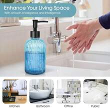 Topsky Stripe Glass Soap Dispenser With Black Plastic Pump, 400ml Liquid Hand Soap Dispenser, Rustproof Pump For Kitchen & Bathroom, Great For Lotions, Essential Oil, Liquid Soaps- (Light Blue) - LightBlue - 查看 7