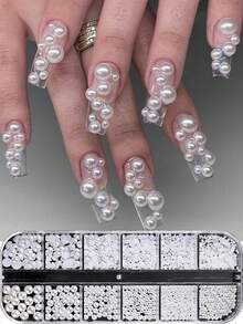 1 Box White Pearl Nail Art Decorations, Flat Pearl, Crystal Rhinestone, Caviar Pearl 3D Pendant Nail Jewelry DIY Accessories, Suitable For Press-On Nails, Nail Supplies, Nail Gems