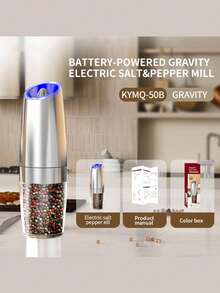 CLITON Gravity Electric Salt And Pepper Grinder Set Automatic Shakers Mill Grinder With LED Light, Battery Powered Adjustable Coarseness One Hand Operation, Gravity Electric Pepper And Salt Grinder Set, Adjustable Coarseness,Upgraded Larger Capacity,Stainless Steel Black - Multicolor - View 14