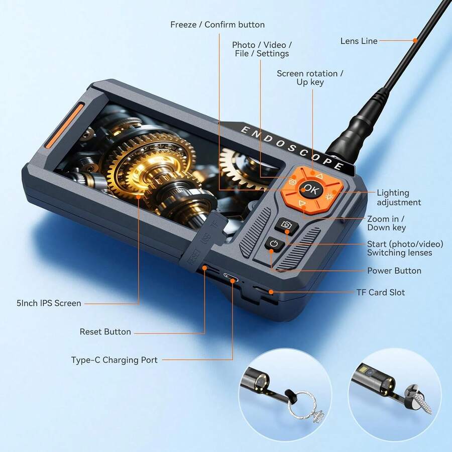 Triple Lens 5" IPS Borescope Inspection Camera, Ginocaco 1080P Digital Video Endoscope With Light, Waterproof Scope Camera With 16.5FT Semi-Rigid Cable, Drain Pipe Tool, Carrying Case, 32G Card - 16.4FT Dual Lens Light - View 1