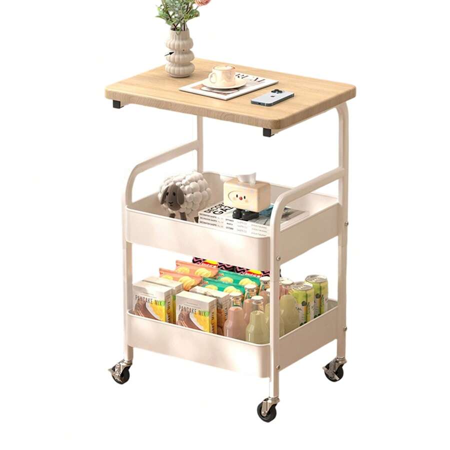 3 Tier Metal Rolling Cart With Wooden Tabletop, Metal Rolling Kitchen Island Cart, Utility Cart Vegetable Storage Rack With Lockable Wheels For Kitchen, Office, Living Room, Bedroom - 白色 - 查看 1