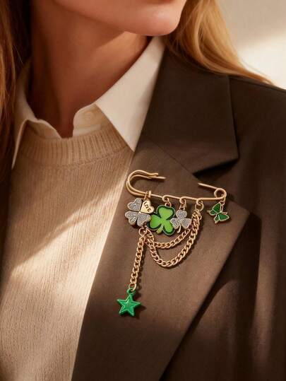 1pc St. Patrick's Day Elegant Rhinestone Clover Butterfly Pendant Brooch Pin With Chain Tassel, Versatile Accessory For Women Clothing, Pants, Hat Decoration