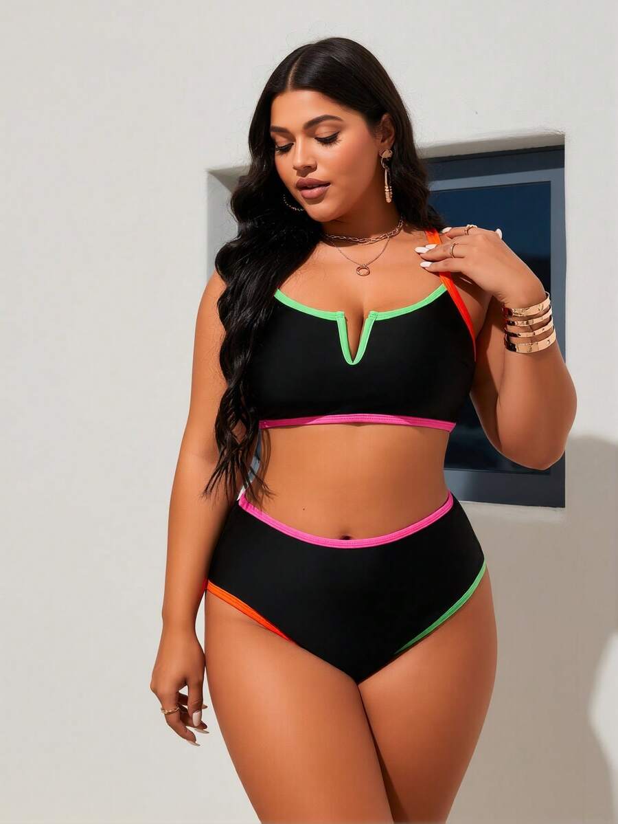 Fashionable Women's Two-Piece Swimsuit Set With Color-Coated Trim, Featuring A Sexy Deep V-Neck Design With Halter Neck And Strapless Style. Plus-Size, Suitable For Sports, Outdoor Activities, Beach Leisure, Hiking, Sunbathing, Photoshoots, And Water Play. - màu đen - Xem 1