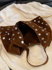 时尚亮片铆钉朋克风大容量单肩包，女士款 - 棕色 - 查看 3