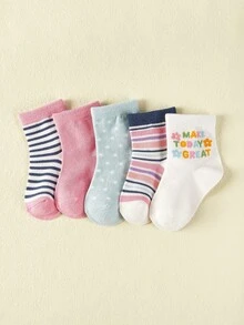 5 Pairs Striped & Floral Pattern Baby Socks, Everyday Wear - Multicolor - View 10