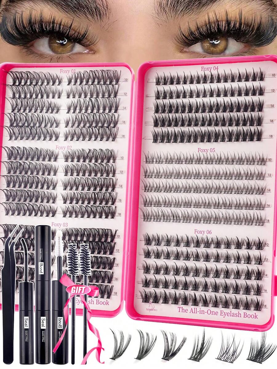 500/470/425pcs 6in1 Fake Lashes With Bond And Seal, Tweezers, Mascara Wands, Diy Different Eyes Makeup Beauty, Beginner Friendly Fake Eyelshes Extensions And Adhere Glue, Eyelash Brush Kit, Fluffy Thick Enlarge Your Eyes, Easy To Use, Portable Segmented Lashes Clusters, Large Capacity Eyelahes Book Suit For Creat Daily/Manga/Cospaly/Classic/Cat Eyes/Fox Eyes/Soft Girl/Light/Heavy Eyes Makeup, - Nhiều màu - Xem 1