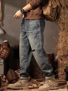 Pantalones Vaqueros Vintage con Corte Recto Relajado, Remiendos Estratégicos, Lavado Suave y Estética Streetwear que Combina Comodidad, Durabilidad y Estilo Cotidiano - Gris - Ver 3